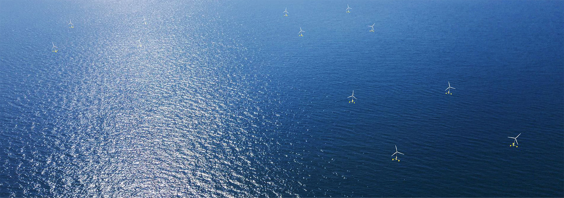 Conceptual rendering of floating wind turbines at sea