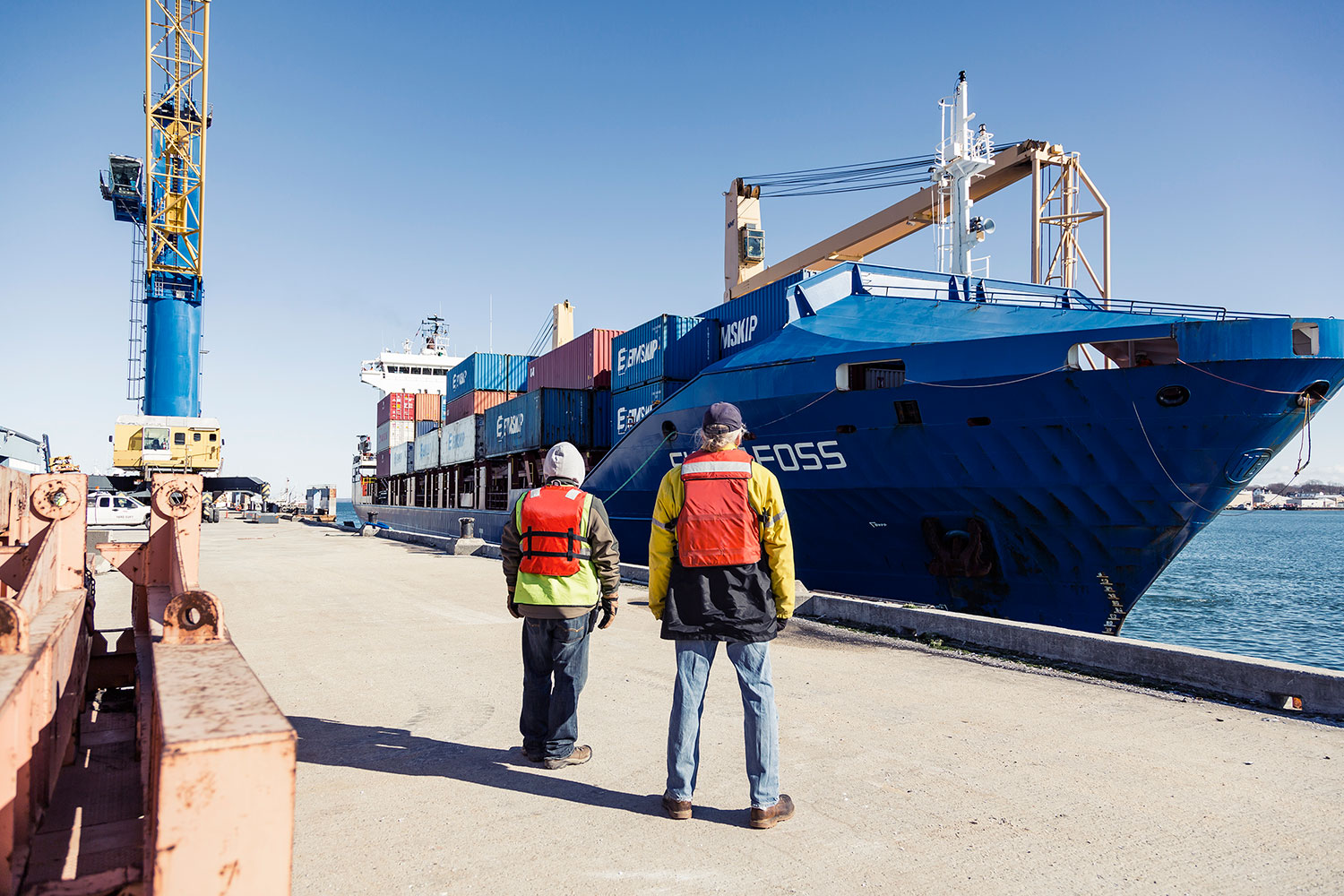 A cargo ship docked in Portland